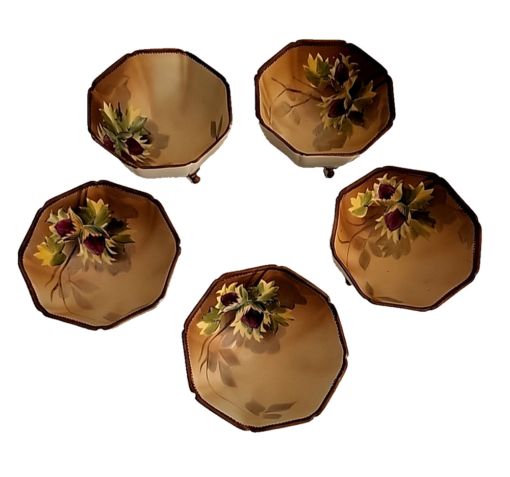 Vintage Noritake Nippon 5 Piece Nut Set Hand Painted Flowers inside Cups 3"